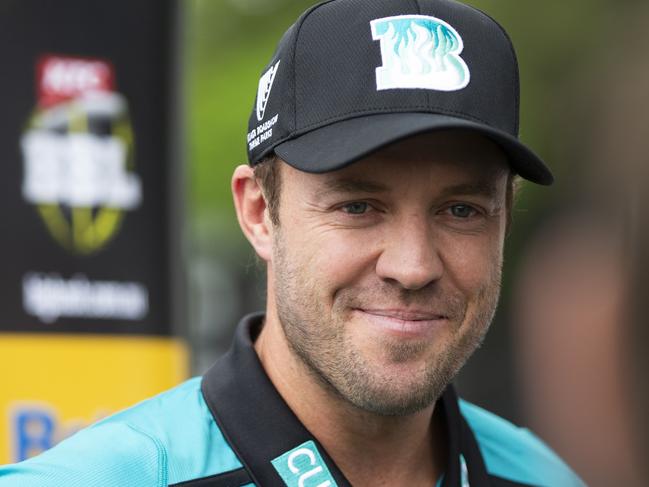 New Brisbane Heat Import AB De Villiers talks to media after touching down in Brisbane ready to take on the BBL. Photo Lachie Millard