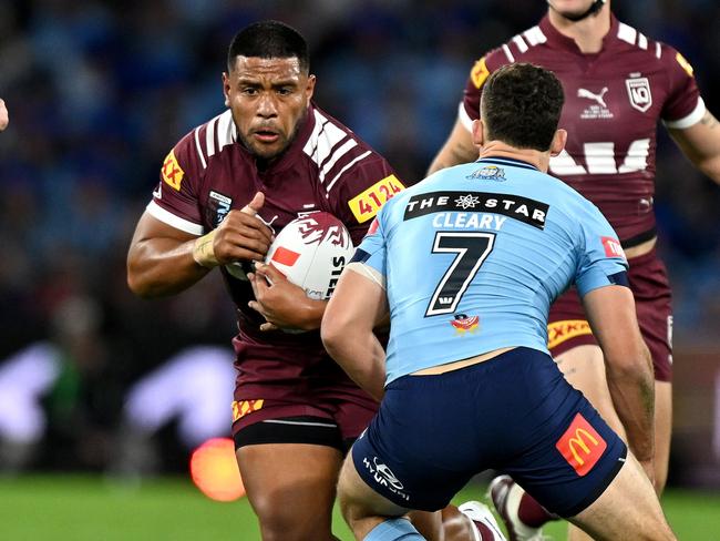 Moeaki Fotuaika was reduced to a speed bump by the Blues in Game I. Picture: Grant Trouville / NRL Imagery