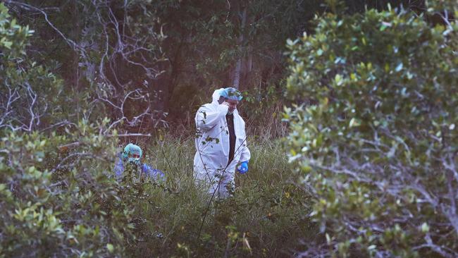 Police investigate a crime scene and at Martin Sheils Park in Tallebudgera . Police Forensics take photos with cameras and drones of the crime scene. Picture Glenn hampson