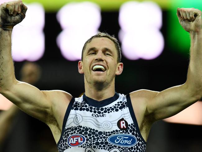 Joel Selwood of the Cats celebrates their win after the Round 10 AFL match between the Geelong Cats and Port Adelaide at Simonds Stadium in Melbourne, Thursday, May 25, 2017. (AAP Image/Tracey Nearmy) NO ARCHIVING, EDITORIAL USE ONLY