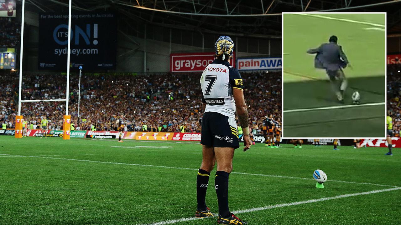 Retired NRL great Johnathan Thurston suffered a kicking fail when he tried to recreate his famous 2015 grand final conversion attempt.