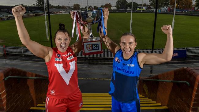 North Adelaide co-captain Kristi Harvey and Sturt captain Maya Rigter at Coopers Stadium ahead of Sunday's SANFLW grand final. Picture: Roy Van Der Vegt / SANFL