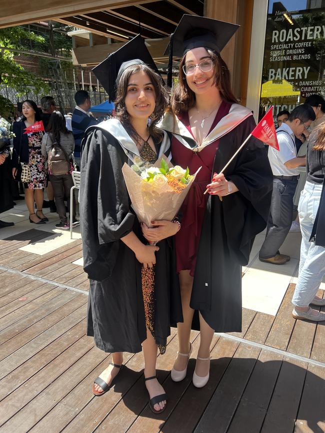 Laura Mendonca (Bachelor of Design and Animation) and Lina Hamid (Bachelor of Nanotechnology/Bachelor of Applied Science) at the RMIT University graduation day on Wednesday, December 18, 2024. Picture: Jack Colantuono