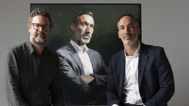 Johannes Leak, his portrait of Ryvchin and the subject, photographed in Sydney. Picture: Ryan Osland