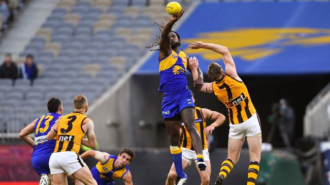 West Coast ruckman Nic Naitanui continues to give the Eagles first use of the ball from rucking contests. Picture: Getty Images