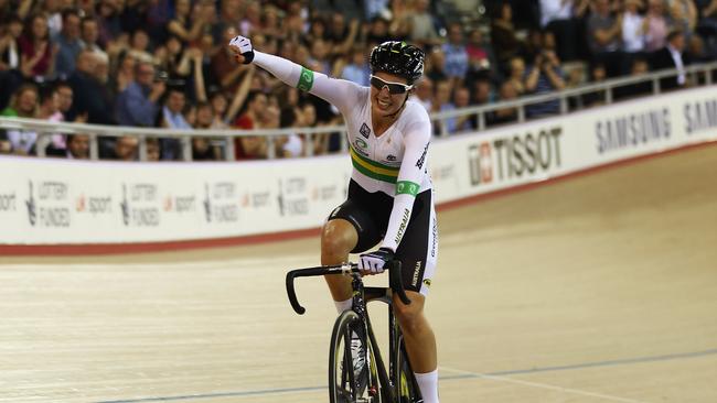 Melissa celebrates winning the Women's Scratch Race during the UCI Track Cycling World Cup in 2012. Picture: Bryn Lennon/Getty Images