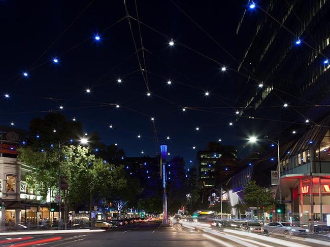 The catenary lighting at the intersection of Lonsdale and Russell streets. Picture: Ronstan Tensile Architecture