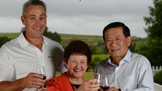 Former Onkaparinga council boss Mark Dowd with ex-mayor Lorraine Rosenberg and Su Jingwen, who was part of a Chinese delegation in 2017, at the McLaren Vale visitor centre. Picture: Naomi Jellicoe