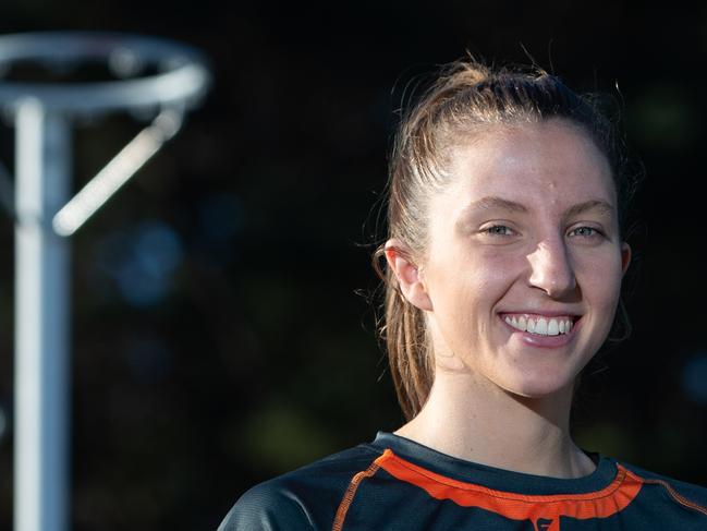 Portraits of Eastern Suburbs netballer Amy Parmenter taken at Waverley Oval on 18th April 2019. Amy has just been selected for the GIANTS netball team 10 Player squad & was invited to play with the Diamonds at their camp last week. (AAP Image / Julian Andrews).