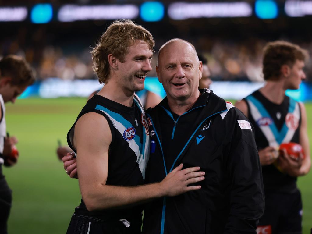 Jason Horne-Francis and Ken Hinkley after the siren at Adelaide Oval. Picture: James Elsby/AFL Photos via Getty Images.