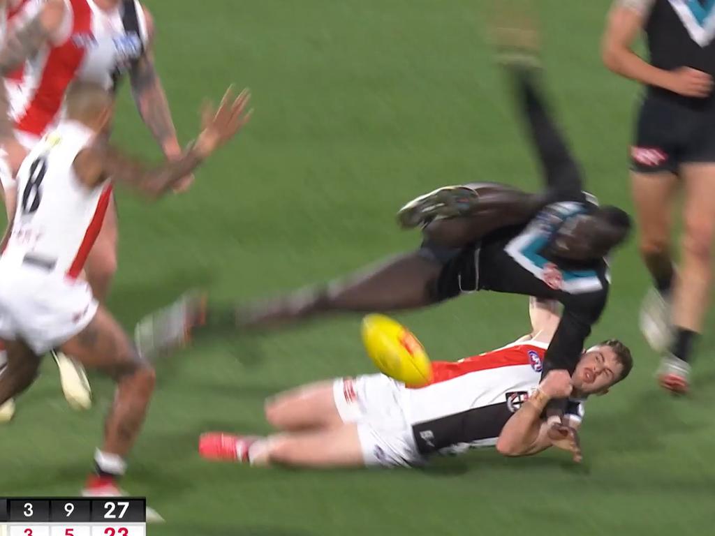 Jack Higgins sling tackle concusses Aliir Aliir at Adelaide Oval in Round 7.