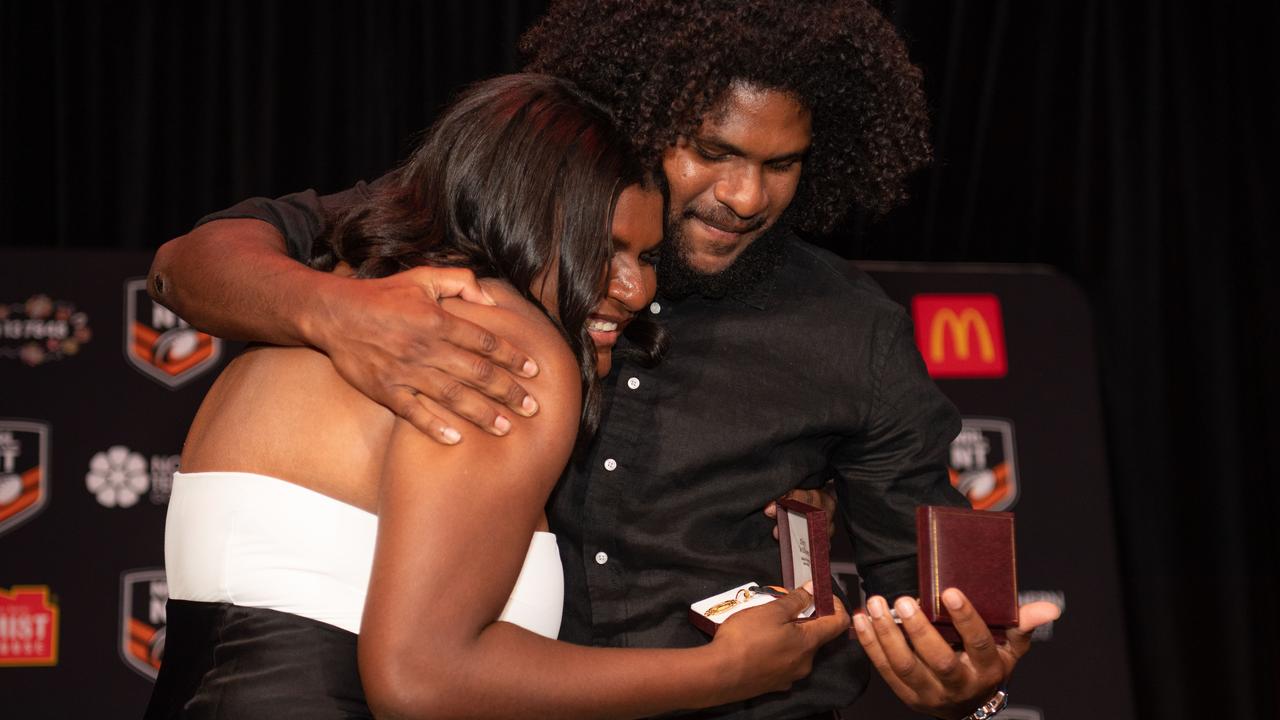 Ellie Niki and Caleb Niki at the 2023 NRL NT Frank Johnson/Gaynor Maggs medal night. Picture: Pema Tamang Pakhrin