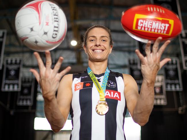 MELBOURNE, NOVEMBER 8, 2022: Collingwood AFLW player Ash Brazill is playing in a semi-final this weekend, just weeks after representing Australia at the Commonwealth Games and winning netball gold. Picture: Mark Stewart