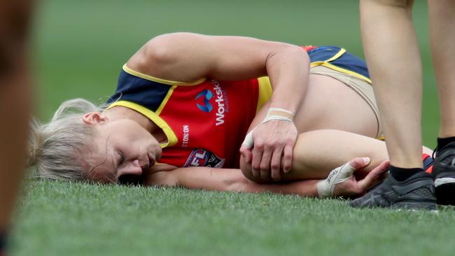 Erin Phillips of the Crows after injuring her knee during the AFLW grand final. Picture: AAP Image/Kelly Barnes