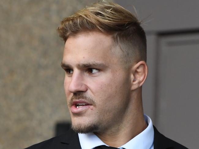 NRL player Jack De Belin arrives at the NSW Federal Court in Sydney, Thursday, April 18, 2019. Jack de Belin is suing the NRL and ARL Commission after he was indefinitely suspended under the game's crackdown on misbehaviour. (AAP Image/Peter Rae) NO ARCHIVING