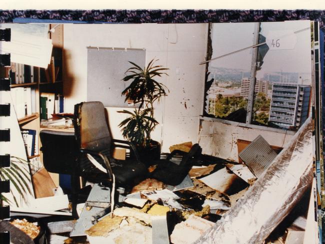 The bomb explosion at the National Crime Authority (NCA) office on the 12th floor of the CPS Credit Union building in Waymouth Street, Adelaide in 1994. Picture: Supplied