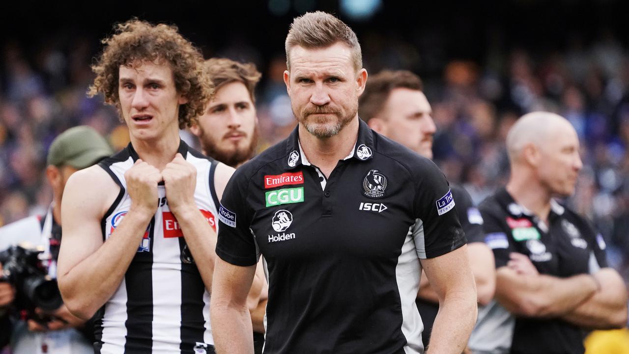 Nathan Buckley after Collingwood’s 2018 Grand Final defeat. (Photo by Michael Dodge/AFL Media/Getty Images)