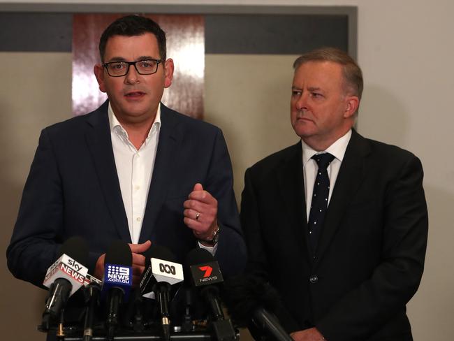 NEWS2019ELECTION 12/5/2019. DAY 32Victorian Premier Daniel Andrews  and Anthony Albanese speaking at a press conference after attending the Opposition Leader Bill Shorten  address for the final week campaign rally at the Clocktower Centre in Melbourne.Picture Kym Smith