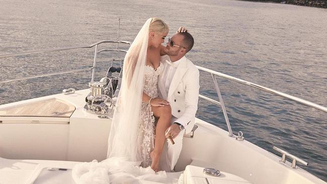 The couple arrived by yacht to day-two of their wedding. Photo: Instagram