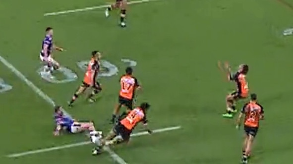 The infamous game ended in controversy after a collision between Cowboys player Kyle Feldt and Tigers player Asu Kepaoa clashed. Picture: NRL.com.