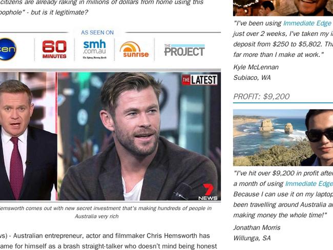 The Australian Securities and Investments Commission has been shutting down 20 scam websites a day, including this fake page. 	ABC News - Chris Hemsworth - Immediate Edge