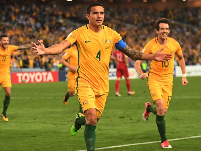 Tim Cahill celebrates after scoring in extra time during the 2018 World Cup qualifying victory over Syria. Picture: AAP