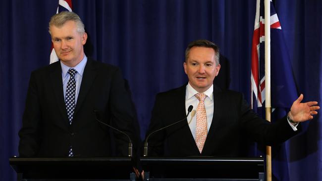 Chris Bowen and Tony Burke comment on Government costings at a press conference at Parliament House in Canberra. Picture: Ray Strange