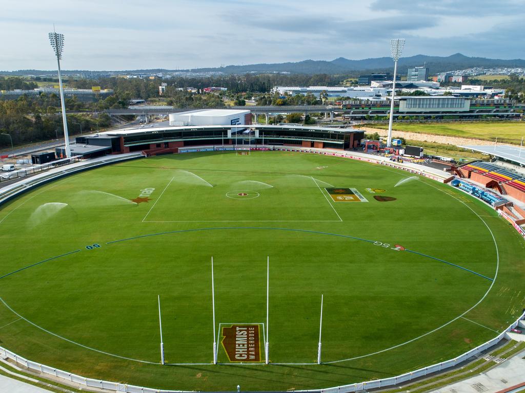 An aerial view of the ground before the 2022 AFLW Season 7 Grand Final match between the Brisbane Lions and the Melbourne Demons at Brighton Homes Arena, Springfield, Ipswich on November 27, 2022 in Ipswich, Australia. (Photo by Dylan Burns/AFL Photos via Getty Images)
