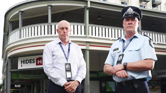 Acting Chief Superintendent Chris Hodgman, pictured with Acting Inspector Gary Hunter of the Cairns City Patrol group, says police numbers are increasing. Picture: Brendan Radke