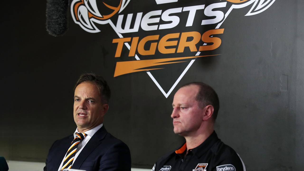 SYDNEY, AUSTRALIA - NOVEMBER 19: Tigers CEO Justin Pascoe and Head Coach Michael Maguire speak to the media during a Wests Tigers NRL media opportunity at Concord Oval on November 19, 2018 in Sydney, Australia. (Photo by Mark Kolbe/Getty Images)