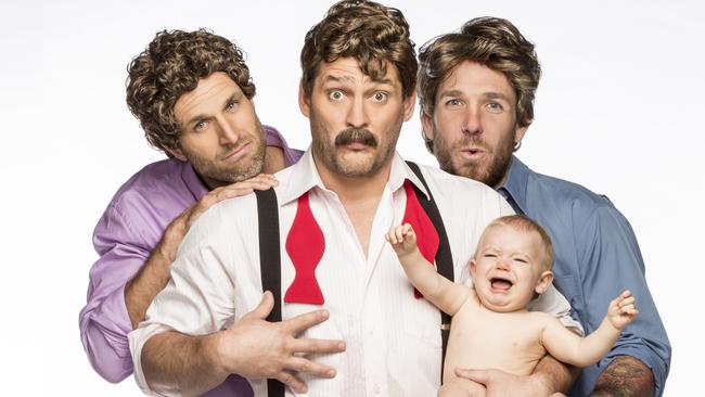 Chris Judd, Brendan Fevola and Dane Swan re-create the Three Men and a Baby poster.