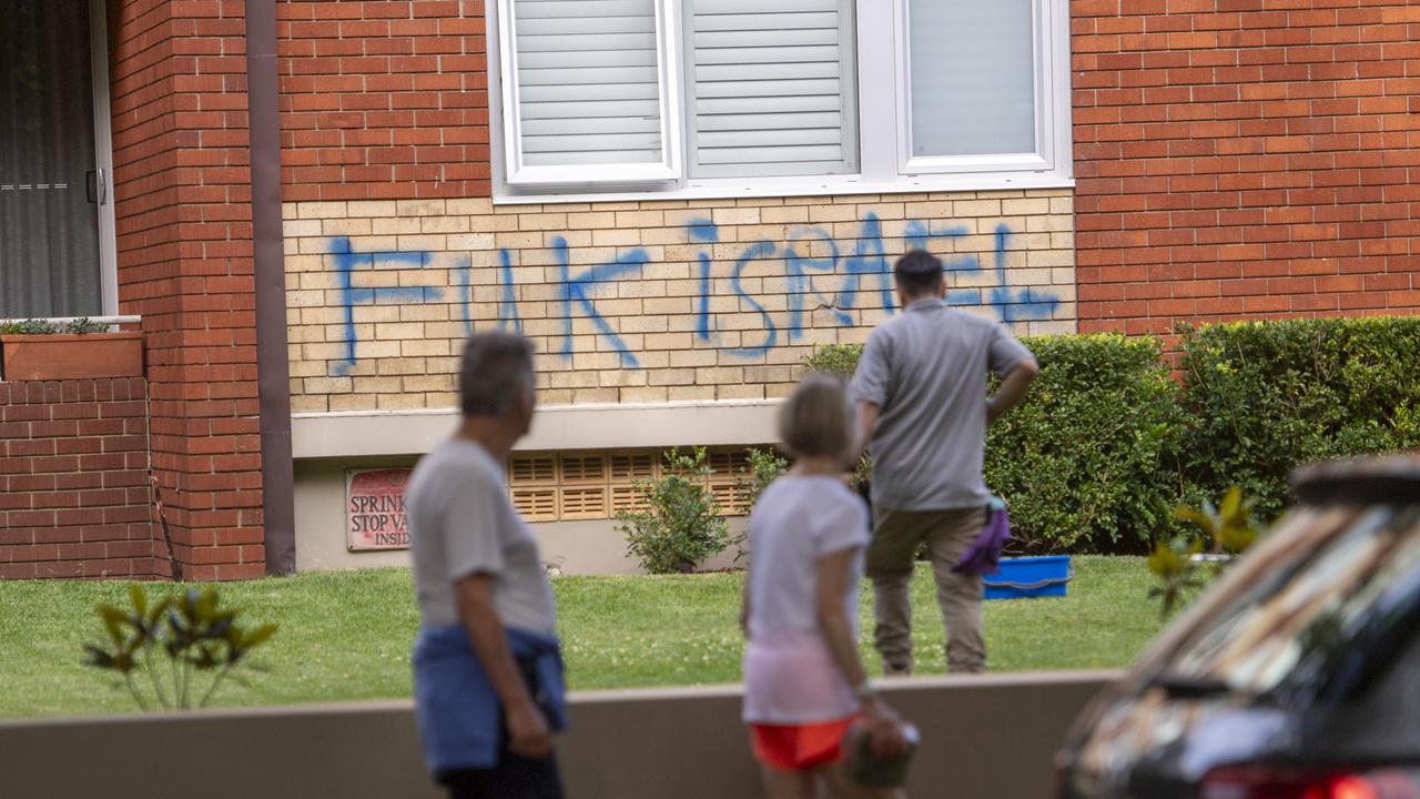 Buildings and cars were scrawled with anti-Israel graffiti. Picture: NewsWire / Jeremy Piper