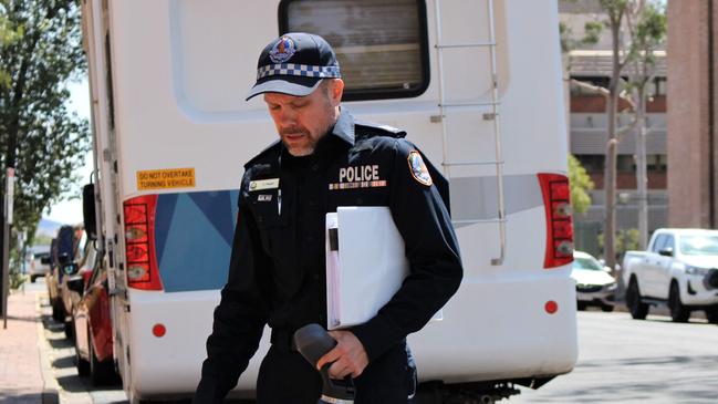 Sergeant Chris Hand arrives at the Alice Springs Local Court on September 19, 2022. Picture: Jason Walls