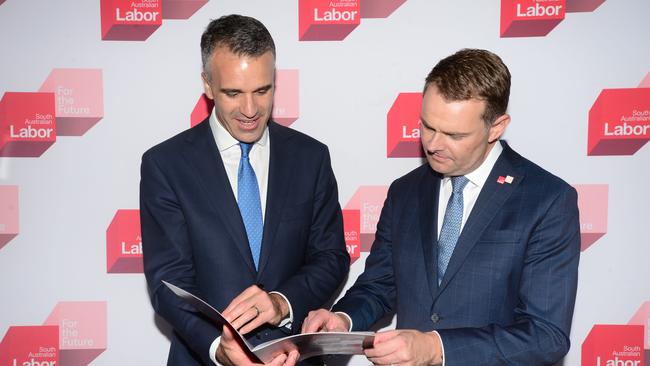 SA Labor Leader Peter Malinauskas and the-then Shadow Treasurer Stephen Mullighan release Labor’s election costings at Parliament House on March 17 – Picture: Michael Marschall