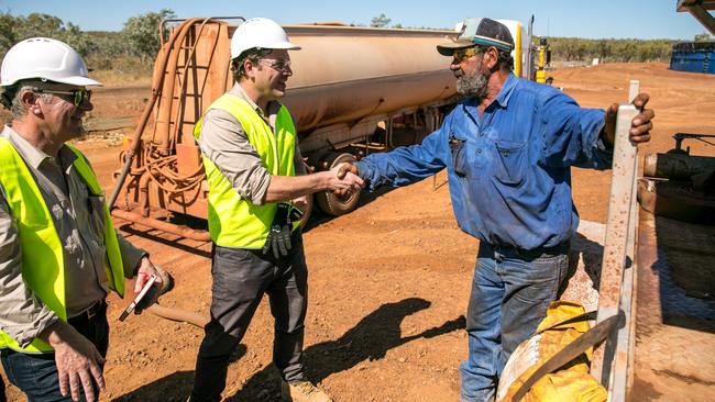 Empire Energy managing director Alex Underwood, with Leslie Rice from KD Machinery Hire at the Carpentaria field.