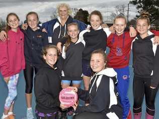 YOUNG TALENT: Toowoomba under-12 representative team players (from back left) Haylee McAuliffe, Maya Lynch, coach Deb Farrell, Tarni Chapman, Jemimah Loebel, Phoebe Calcutt, Hannah Farrell and (front) Tahlia Barnes and Kiara Grice will be in action at the State Age Championships in Ipswich this weekend. Picture: Bev Lacey