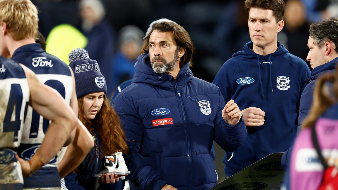 Scott (centre) says the hefty losing margin ‘looked bad’ but happened because Geelong tried to take the game on in the final term. Picture: Michael Willson / Getty Images