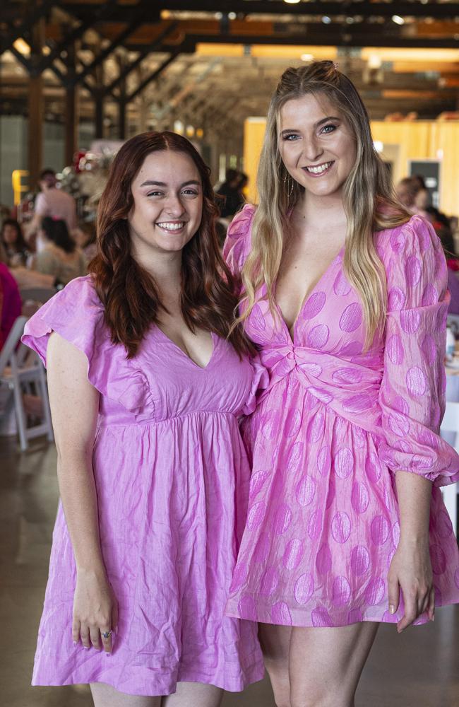 Charlotte Munchow (left) and Talia Manning at the Pink High Tea fundraiser for Toowoomba Hospital Foundation at The Goods Shed, Saturday, October 12, 2024. Picture: Kevin Farmer