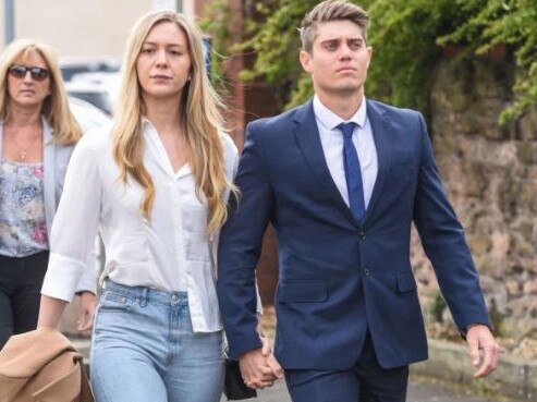 Alex Hepburn walking into court today with girlfriend Lucy Street.