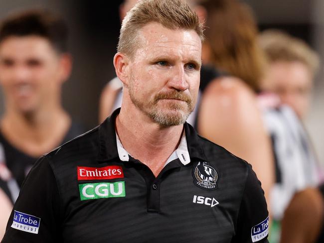 BRISBANE, AUSTRALIA - OCTOBER 10: Nathan Buckley, Senior Coach of the Magpies looks on during the 2020 AFL First Semi Final match between the Geelong Cats and the Collingwood Magpies at The Gabba on October 10, 2020 in Brisbane, Australia. (Photo by Michael Willson/AFL Photos via Getty Images)