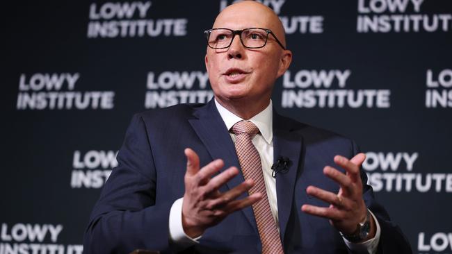 Opposition Leader Peter Dutton addresses the Lowy Institute in Sydney. Picture: John Feder