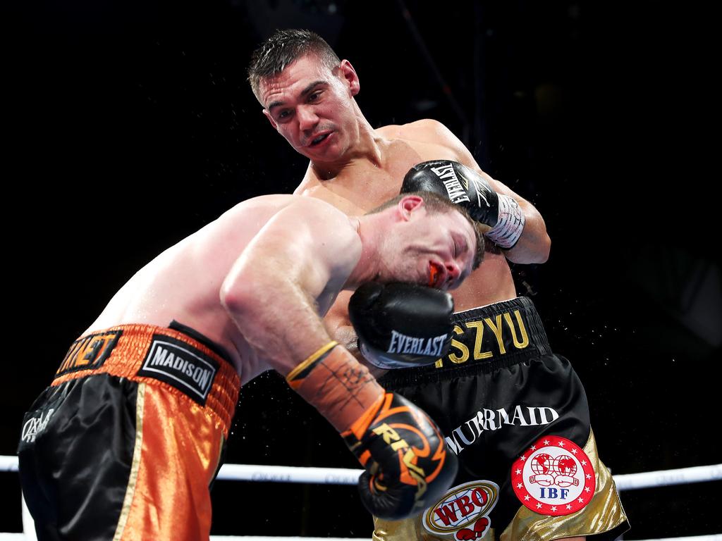 Jeff Horn was getting beaten up by Tim Tszyu. Picture: Alix Sweeney