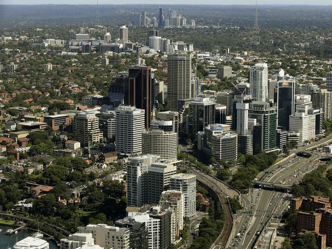 The concrete and glass towers of North Sydney looking north towards Chatswood. Picture: John Appleyard