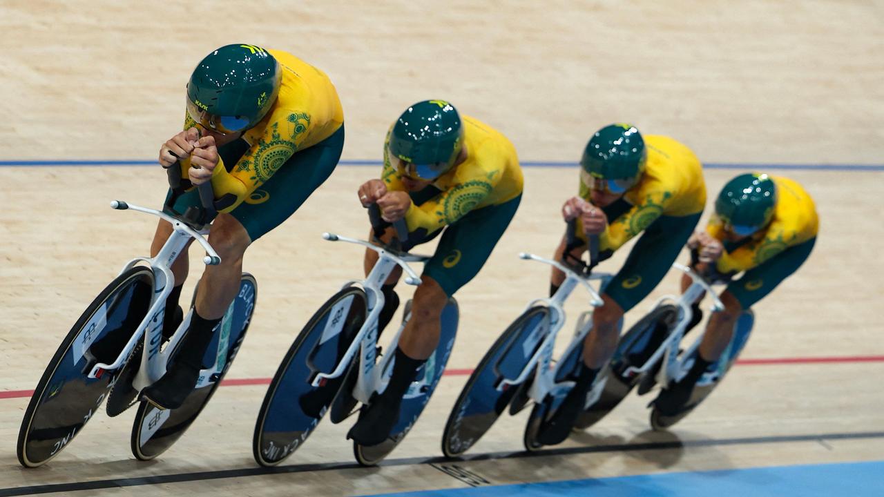 Oliver Bleddyn, Sam Welsford, Conor Leahy and Kelland O'Brien won gold int he men’s team pursuit. Picture: AFP