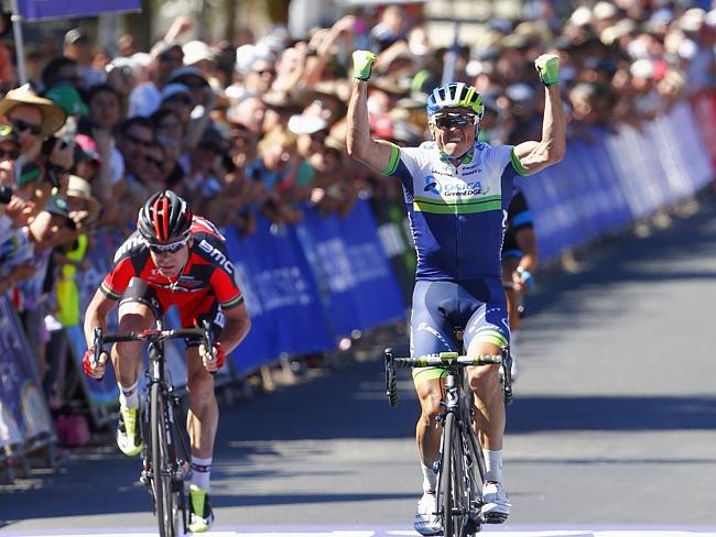 Gerrans celebrates his win over Evans and Porte. Picture: Michael Klein.