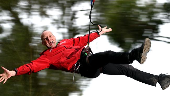 Enchanted Adventure Garden Arthurs Seat is a finalist in the Telstra Awards. Michael flies down one of the zip lines of the 'Tree Surfing' course. Picture: Jason Sammon