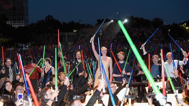 Producer Kathleen Kennedy, director J.J. Abrams, actors John Boyega, Daisy Ridley, Oscar Isaac, Gwendoline Christie, Domhnall Gleeson, Carrie Fisher, Mark Hamill, Harrison Ford and more than 6000 fans enjoyed a surprise "Star Wars" Fan Concert. Picture: Getty.