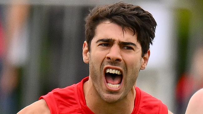 MELBOURNE, AUSTRALIA - FEBRUARY 18: Christian Petracca of the Demons celebrates a goal during an AFL practice match between Melbourne Demons and Richmond Tigers at Casey Fields on February 18, 2024 in Melbourne, Australia. (Photo by Morgan Hancock/Getty Images)