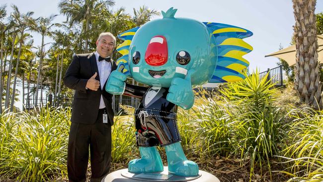 Gold Coast Mayor Tom Tate with the newly installed Borobi statue at HOTA. Picture: Jerad Williams