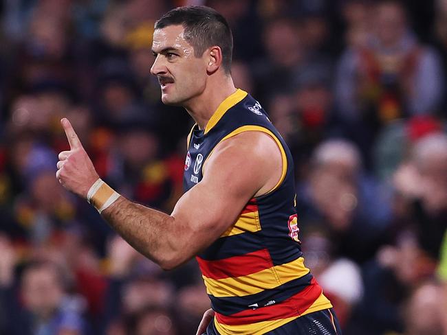 ADELAIDE, AUSTRALIA - JULY 29: Taylor Walker of the Crows celebrates a goal during the 2023 AFL Round 20 match between the Adelaide Crows and the Port Adelaide Power at Adelaide Oval on July 29, 2023 in Adelaide, Australia. (Photo by Sarah Reed/AFL Photos via Getty Images)